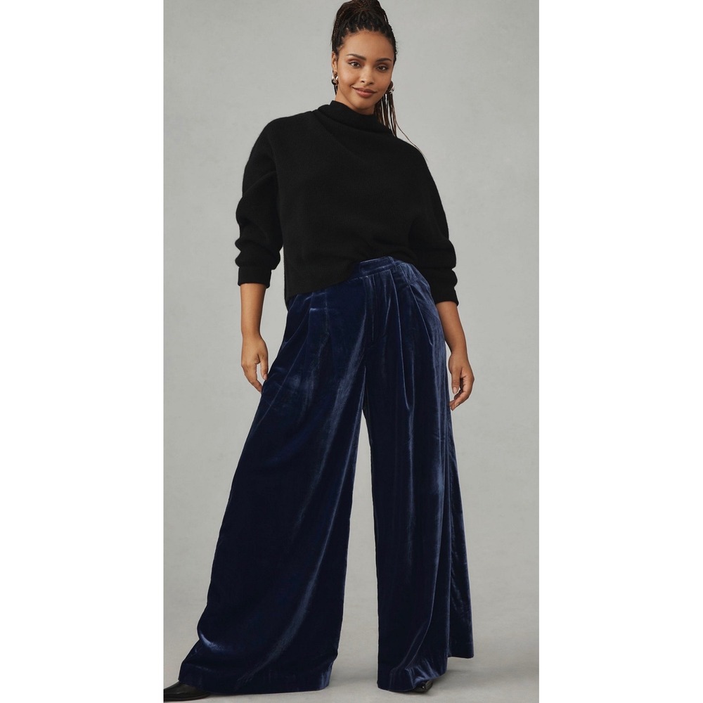 Maeve Anthropologie Avery Trousers Navy Crushed Velvet Wide Leg Pants